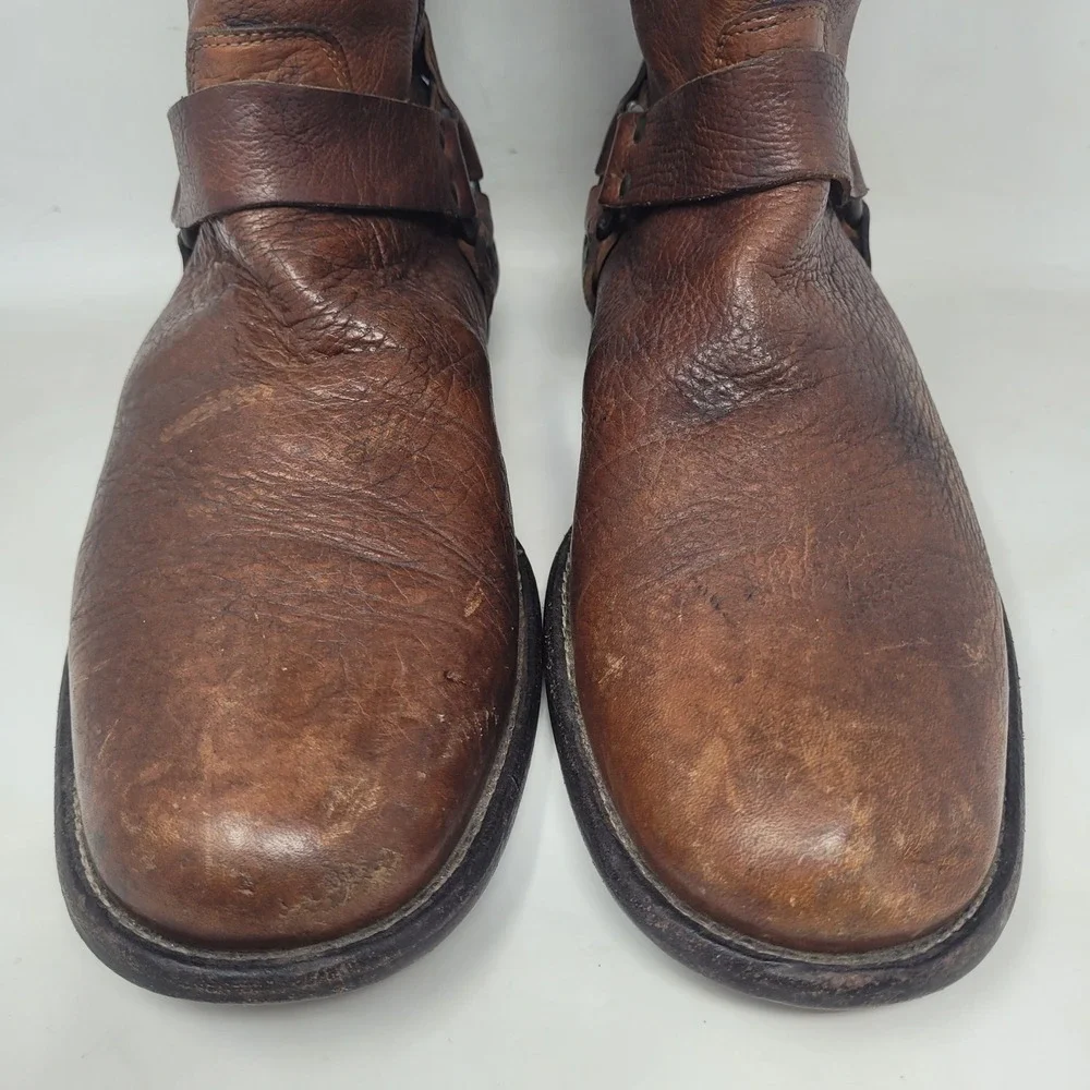Frye Boots 12D Brown Leather Phillip Harness Short Moto Engineer Distressed Zip